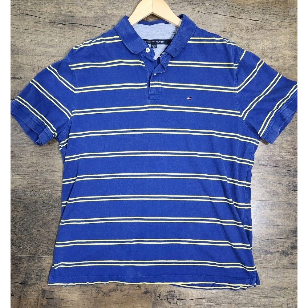 Tommy Hilfiger Polo Shirt Men's XL Blue Yellow Short Sleeve Cotton Casual